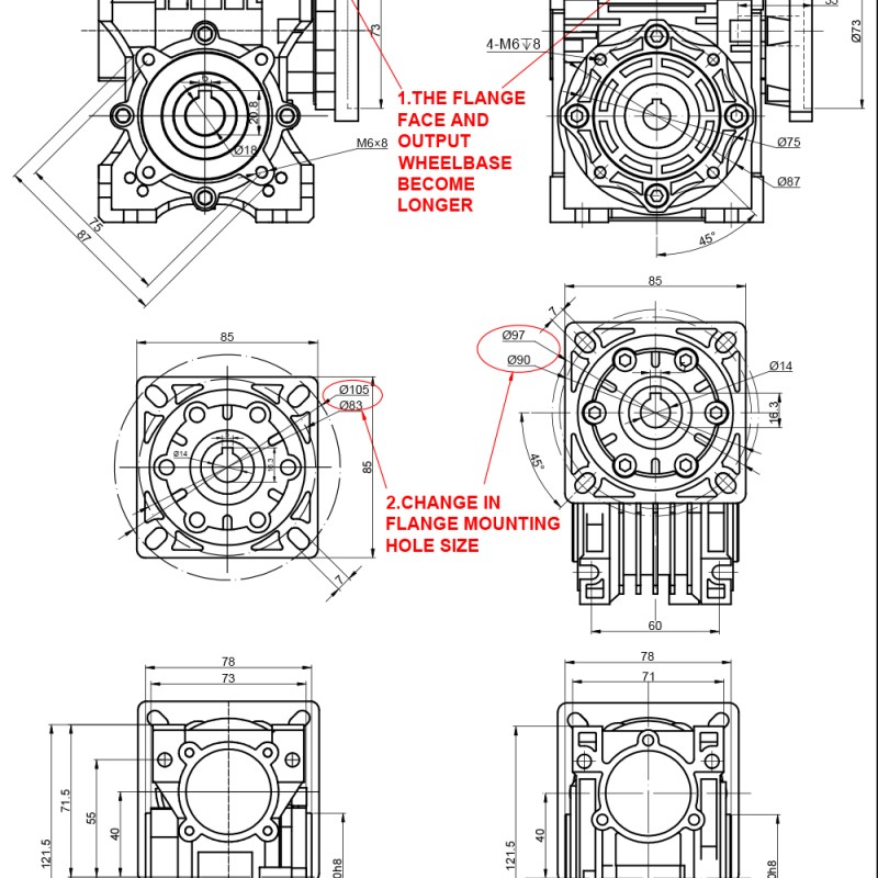 50:1 Caja de engranajes helicoidales NMRV40 14mm Diámetro del eje de entrada - NMRV40-G50-D14 | StepperOnline