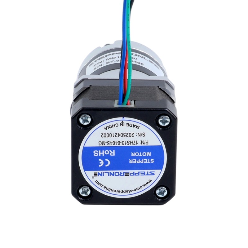 Motor paso a paso Nema 17 bipolar L=34mm w/ con caja de cambios planetaria serie MG relación de reducción 100:1 - 17HS13-0404S-MG100 | StepperOnline