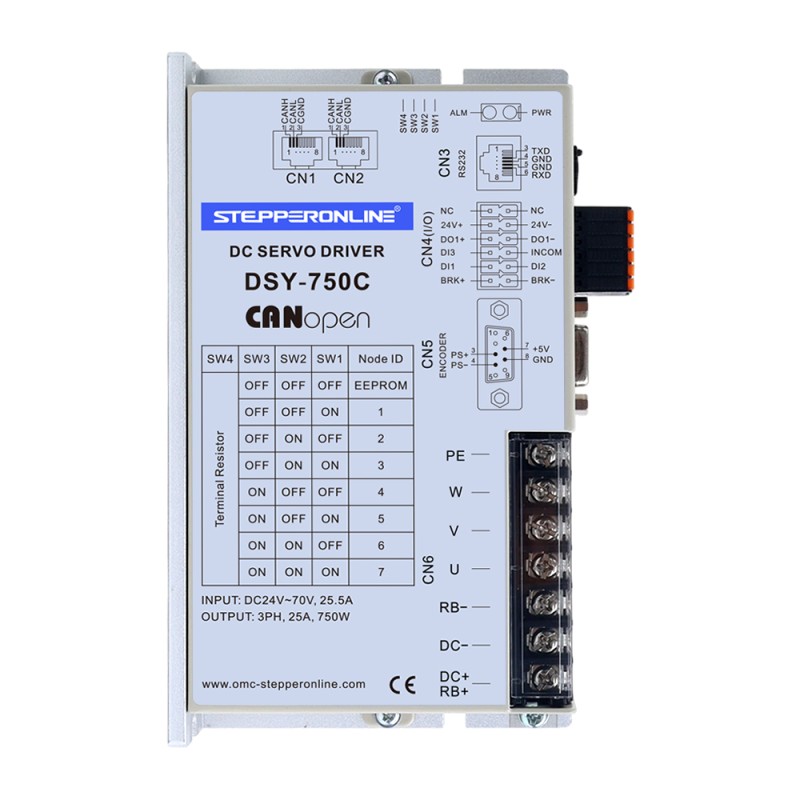 DSY Serie 750W Motor Servo CC CANopen 24-70VDC 2,39Nm con Freno 3000rpm Encoder Incremental 17-Bit IP65 - DSY-C750L2B2-M17S | StepperOnline