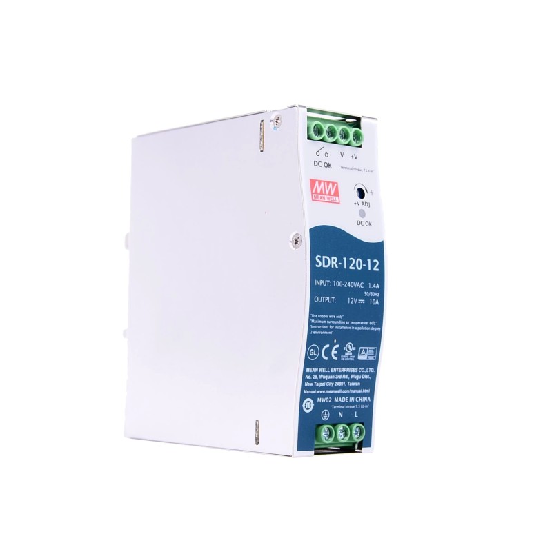 SDR-120-12 MEANWELL 120W 12VDC 10A 115/230VAC Salida única Industrial DIN RAIL con función PFC