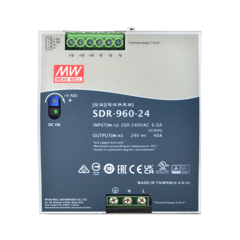 SDR-960-24 MEANWELL 960W 24VDC 40A 230VAC con función PFC Fuente deAlimentación de riel DIN