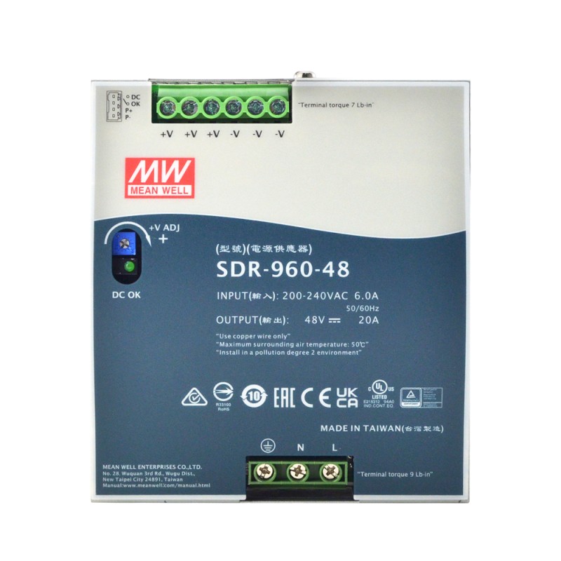 SDR-960-48 MEANWELL 960W 48VDC 20A 230VAC con función PFC Fuente deAlimentación de riel DIN
