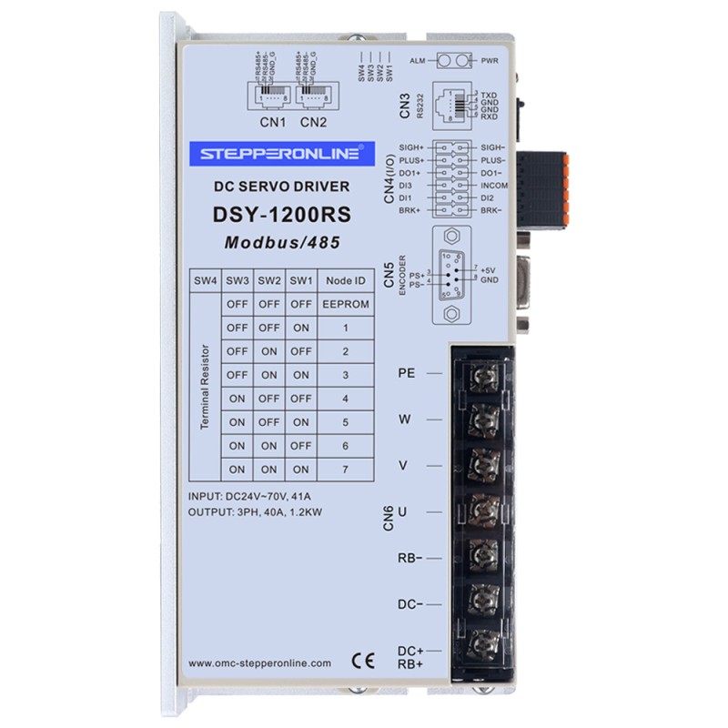 Servomotor de DC RS485 de 1000W, serie DSY, 24-70VDC, 3,20Nm, 3000rpm, codificador incremental de 17 bits, IP65 - DSY-RS1000L2A2-M17S | StepperOnline
