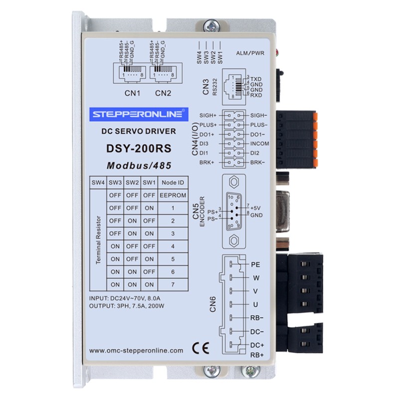 Servomotor de DC RS485 de 100W, serie DSY, 24-70VDC, 0,318Nm con freno, 3000rpm, codificador incremental de 17 bits, IP65 - DSY-RS100L2B2-M17S | StepperOnline