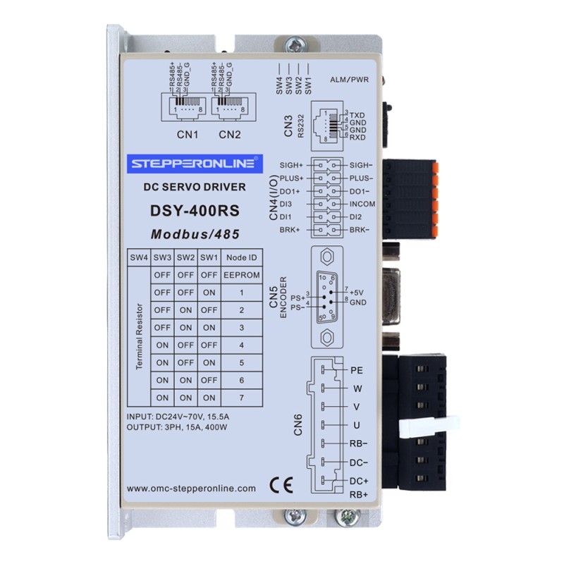 Servomotor de DC RS485 de 400W, serie DSY, 24-70VDC, 1,27Nm con freno, 3000rpm, codificador incremental de 17 bits, IP65 - DSY-RS400L2B2-M17S | StepperOnline