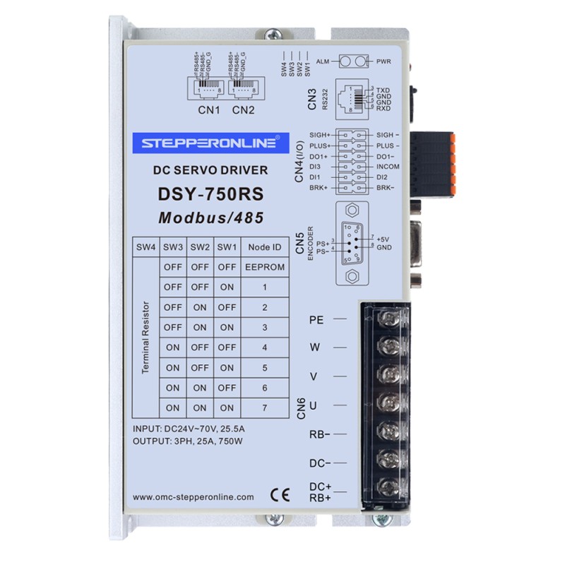 Servomotor de DC RS485 de 750W, serie DSY, 24-70VDC, 2,39Nm con freno, 3000rpm, codificador incremental de 17 bits, IP65 - DSY-RS750L2B2-M17S | StepperOnline
