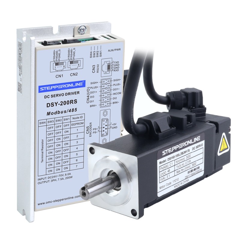 Servomotor de DC RS485 de 100W, serie DSY, 24-70VDC, 0,318Nm con freno, 3000rpm, codificador incremental de 17 bits, IP65 - DSY-RS100L2B2-M17S | StepperOnline