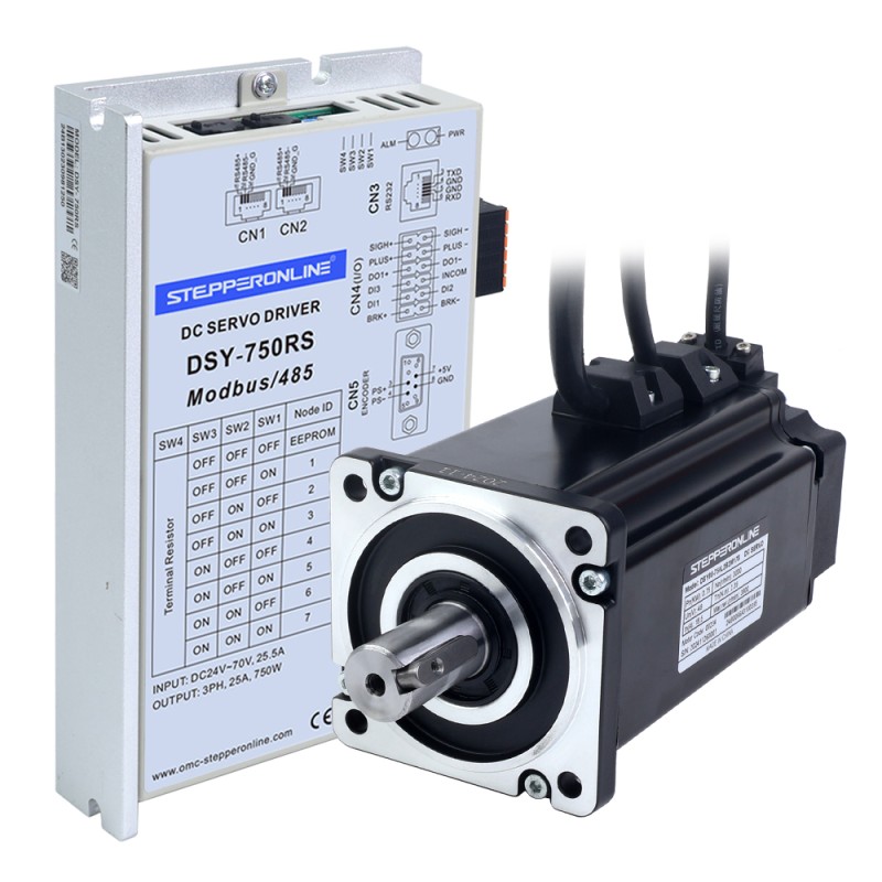 Servomotor de DC RS485 de 750W, serie DSY, 24-70VDC, 2,39Nm con freno, 3000rpm, codificador incremental de 17 bits, IP65 - DSY-RS750L2B2-M17S | StepperOnline