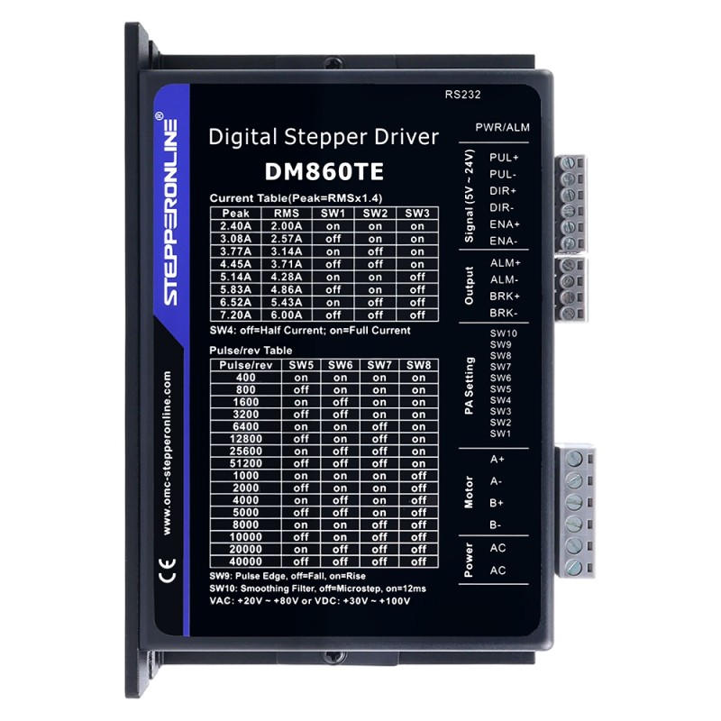 Controlador paso a paso digital serie TE 2,4-7,2A 20-80VAC/30-100VDC para motor Nema 34 - DM860TE | StepperOnline