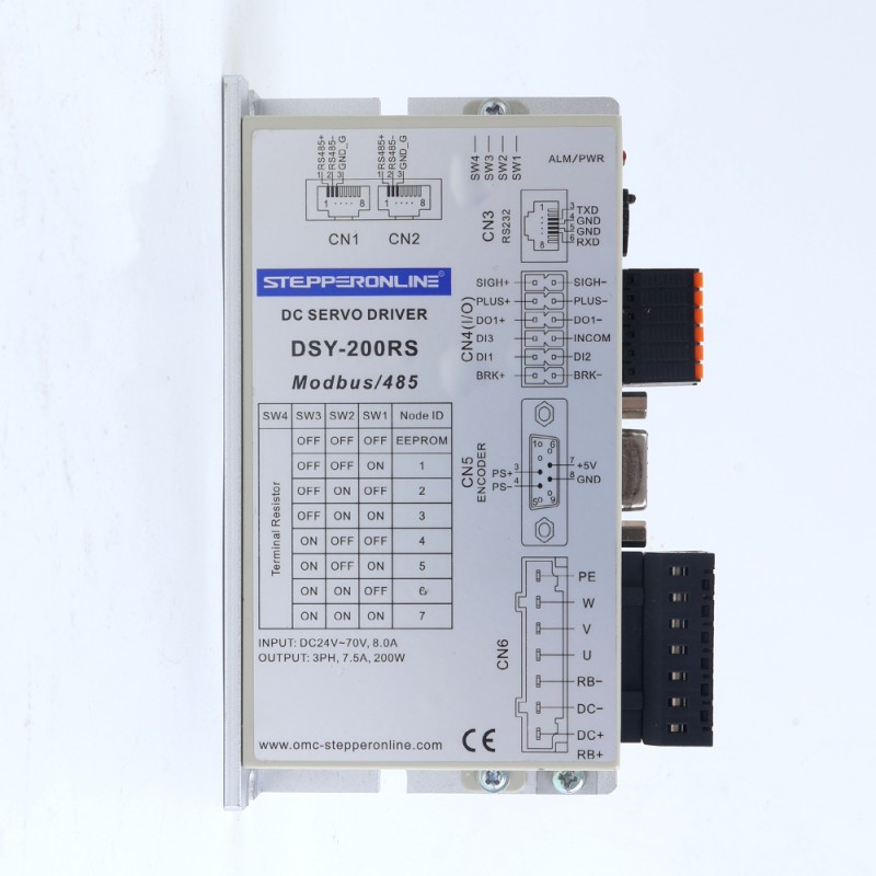 Servomotor deDC RS485 de 200W, serie DSY, 24-70VDC, 0,637Nm, 3000rpm, codificador incremental de 17 bits, IP65 - DSY-RS200L2A2-M17S | StepperOnline